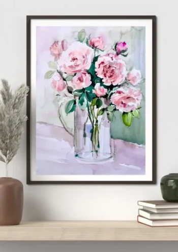 Watercolor rose flowers glass vase frame