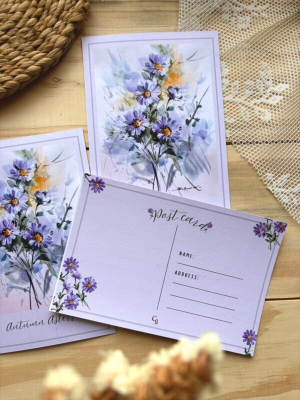 autumn asters postcard showing front & back on the table