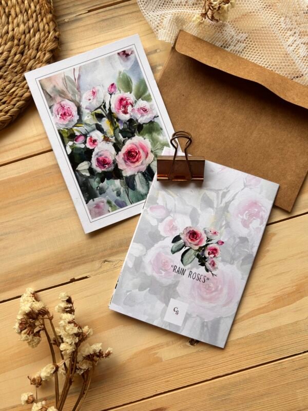 rain roses greeting card front & back with brown envelope with black clip
