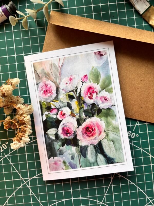 bunch of wet pink roses greeting card