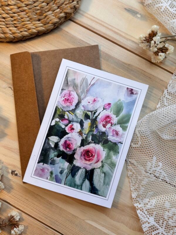 bunch of wet pink roses greeting card