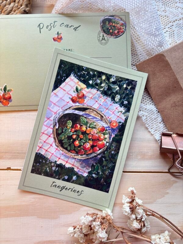 greeting card of basket filled on white cloth