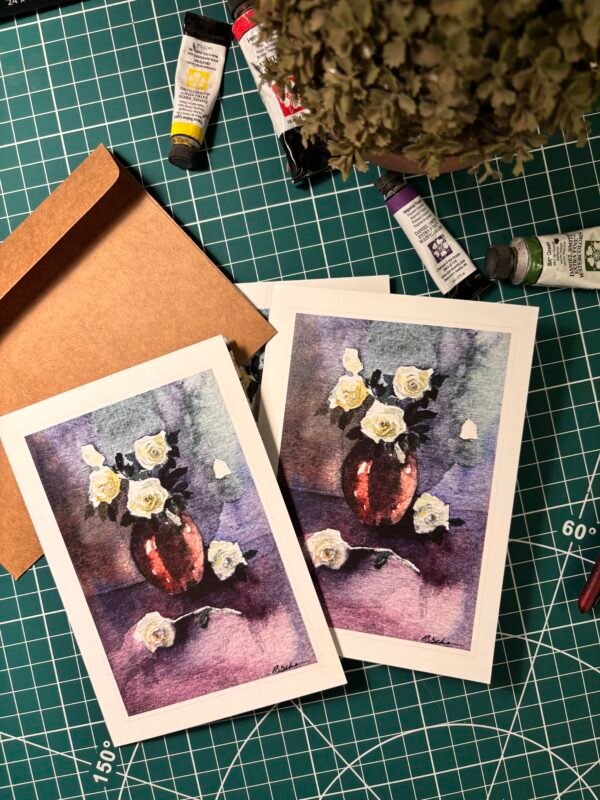 white roses in the terracotta vase greeting cards along with colour tubes