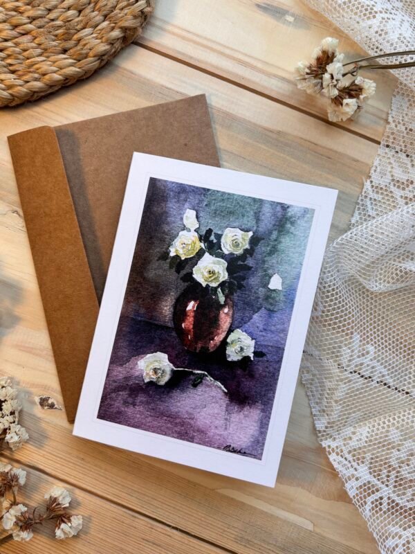 white roses in the terracotta vase greeting cards