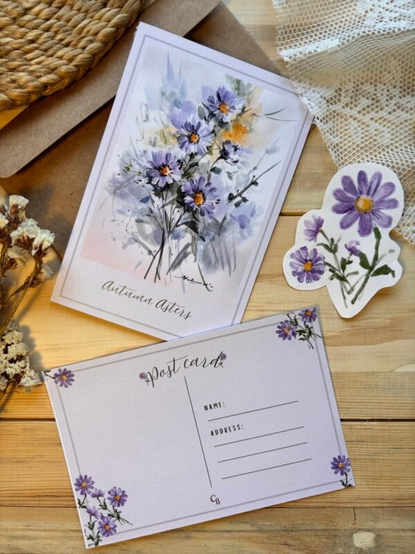 autumn asters flowers post card with one asters sticker next to it