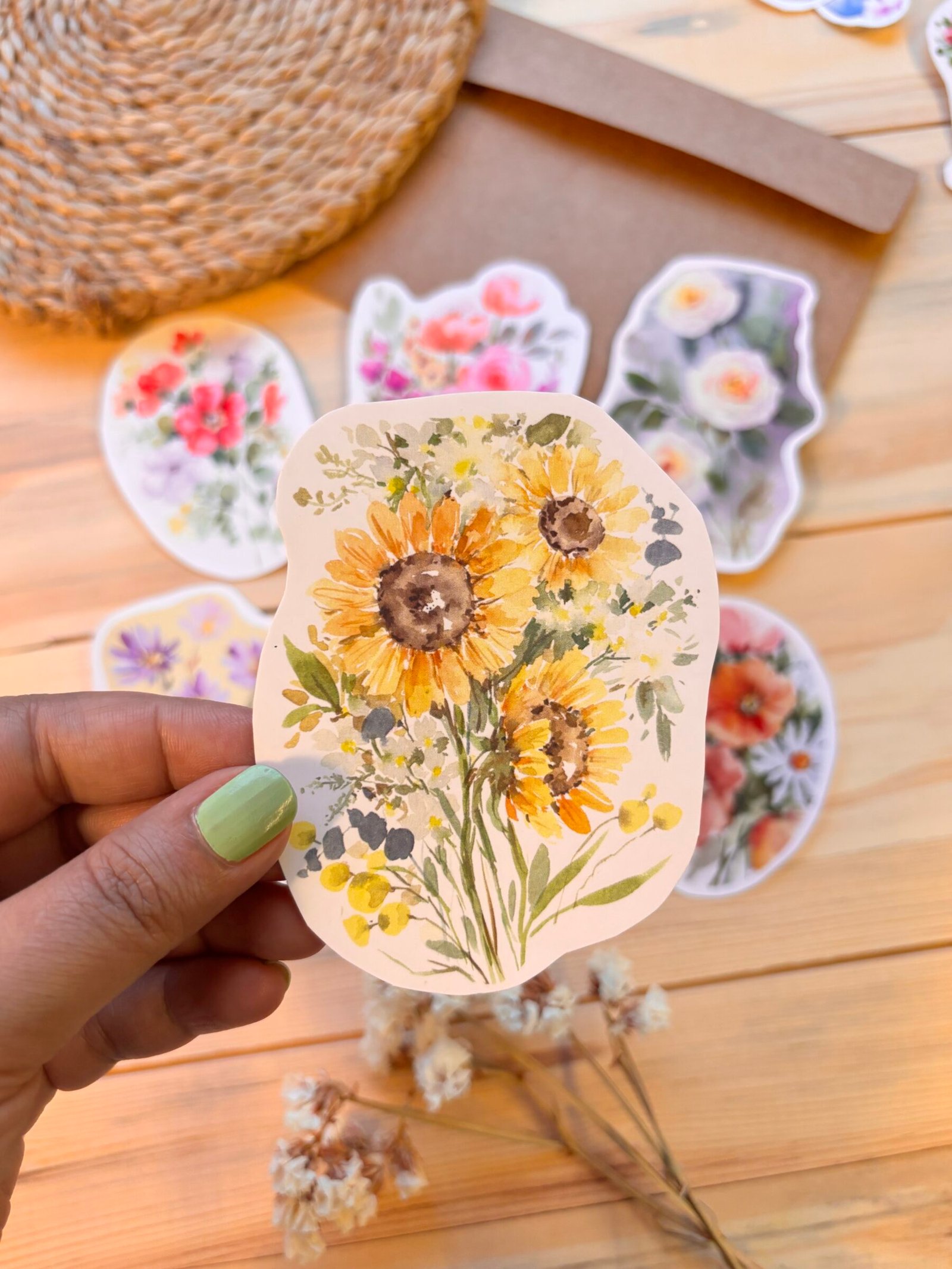 floral bunch sticker closeup scaled closeup of yellow flower stickers holding in the hand with a few out of focus stickers & brown envelope