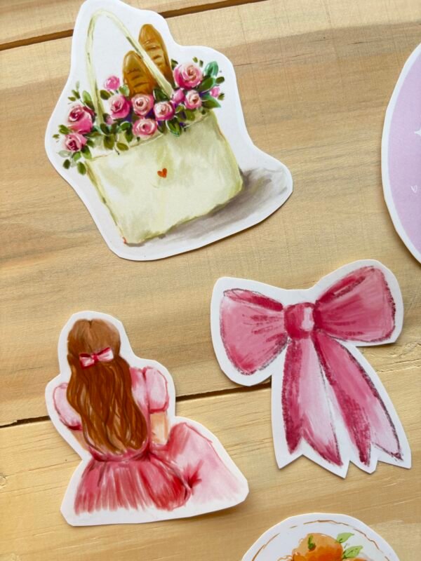 stickers with bag full of roses, pink bow & auburn hair girl's back in pink dress